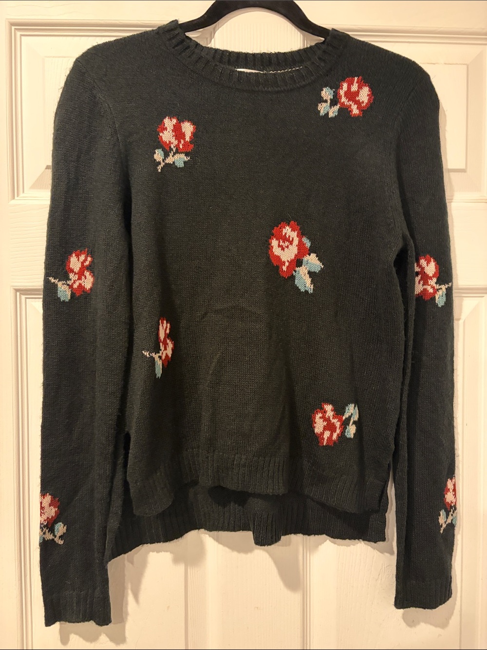 Xhilaration Black Floral Crewneck Sweater with Red Roses